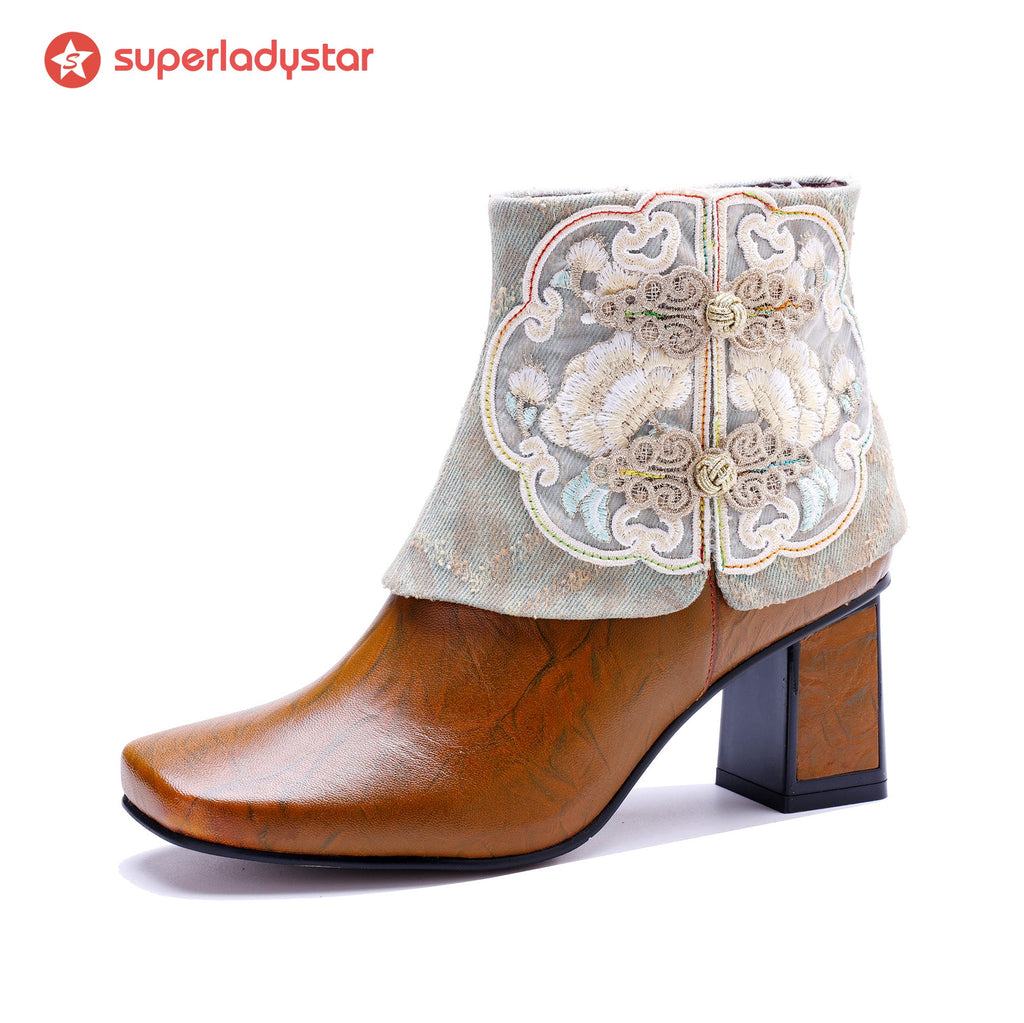 Embroidered Foldover Ankle Boots