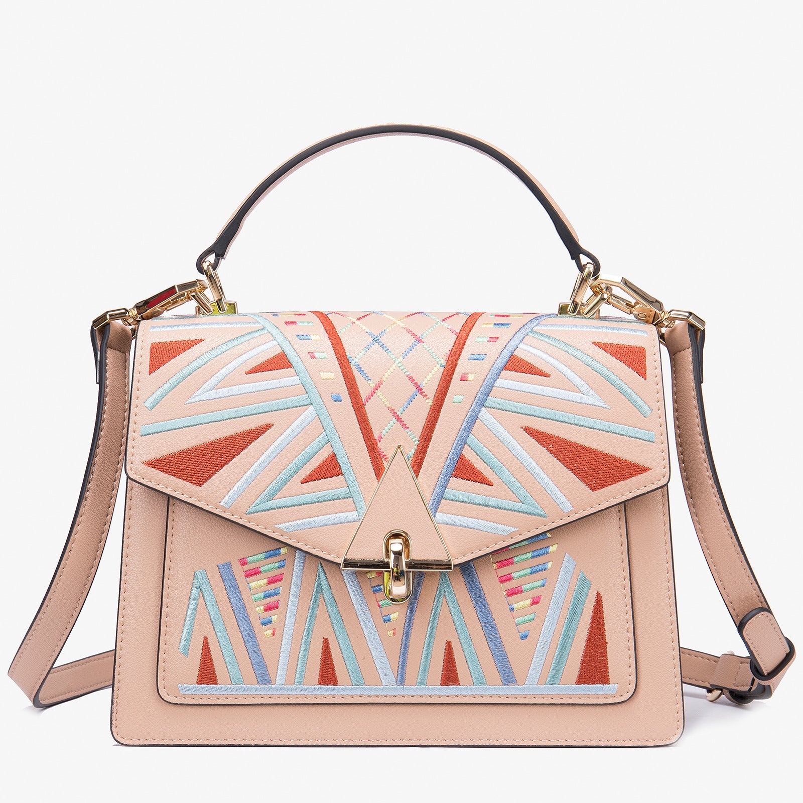 Genuine Leather Embroidered Top Handle Shoulder & Crossbody Bag