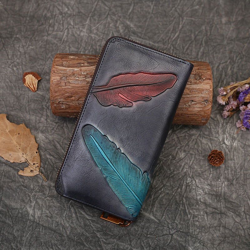 Vintage Floral Embossed Long Genuine Leather Wallet