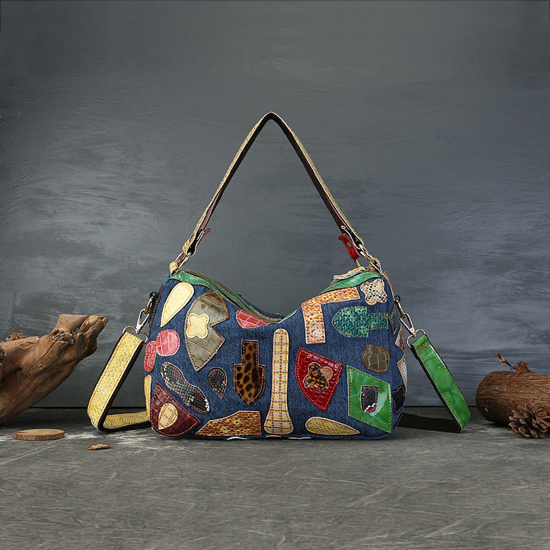 Vintage Colorblock Denim Shoulder Bag