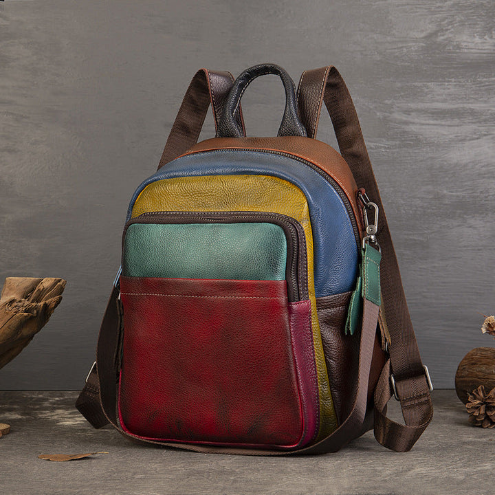 Genuine Leather Colorblock Casual Backpack