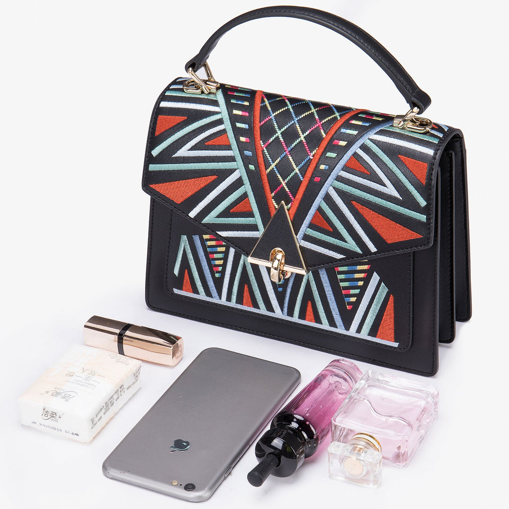 Genuine Leather Embroidered Top Handle Shoulder & Crossbody Bag