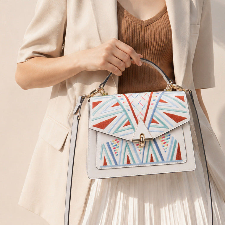 Genuine Leather Embroidered Top Handle Shoulder & Crossbody Bag