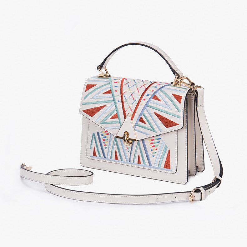 Genuine Leather Embroidered Top Handle Shoulder & Crossbody Bag