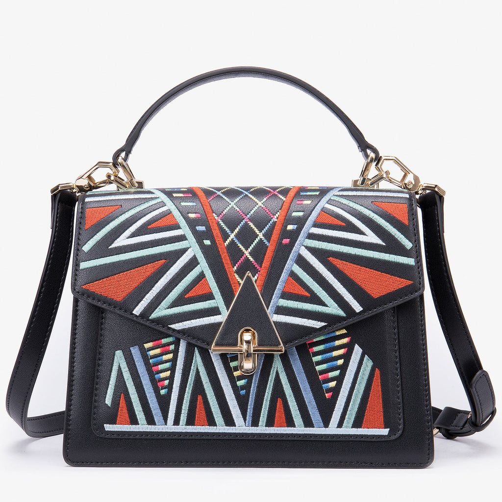 Genuine Leather Embroidered Top Handle Shoulder & Crossbody Bag