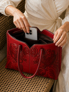 Embossed Rose Vegan Leather Tote Bag with Crossbody Strap