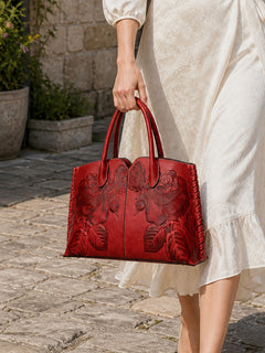 Embossed Rose Vegan Leather Tote Bag with Crossbody Strap