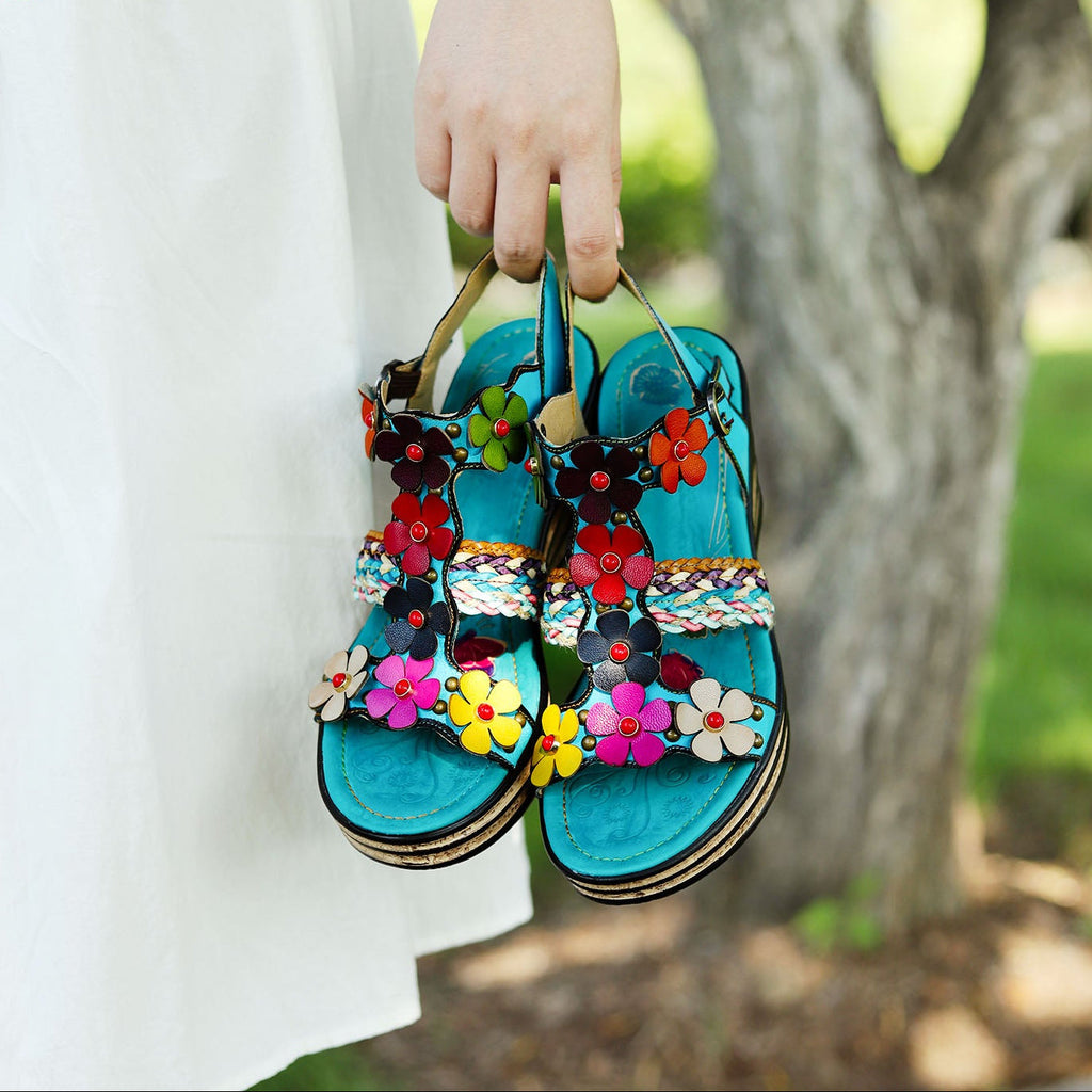 Printed Leather Handmade Floral Sandals
