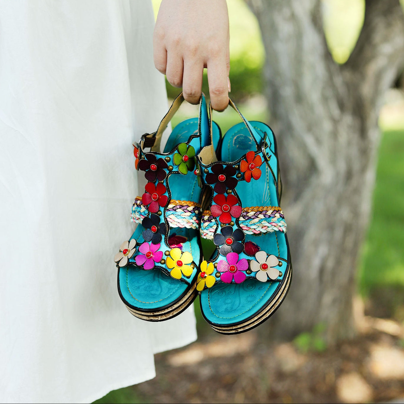 Printed Leather Handmade Floral Sandals