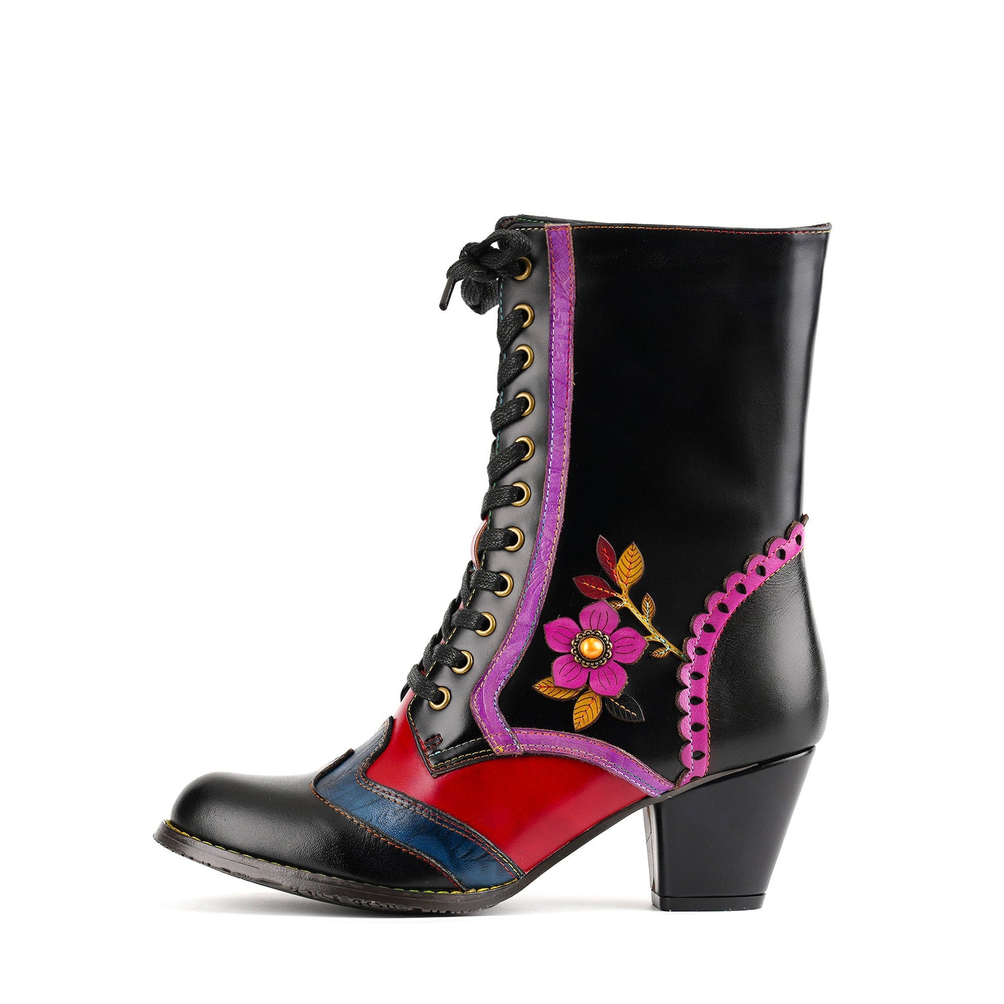 Vintage Crimson Bloom Ankle Boots