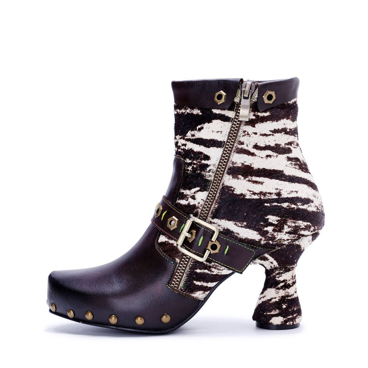 Retro Handmade Fur &amp; leather patchwork Buckle Ankle Boots