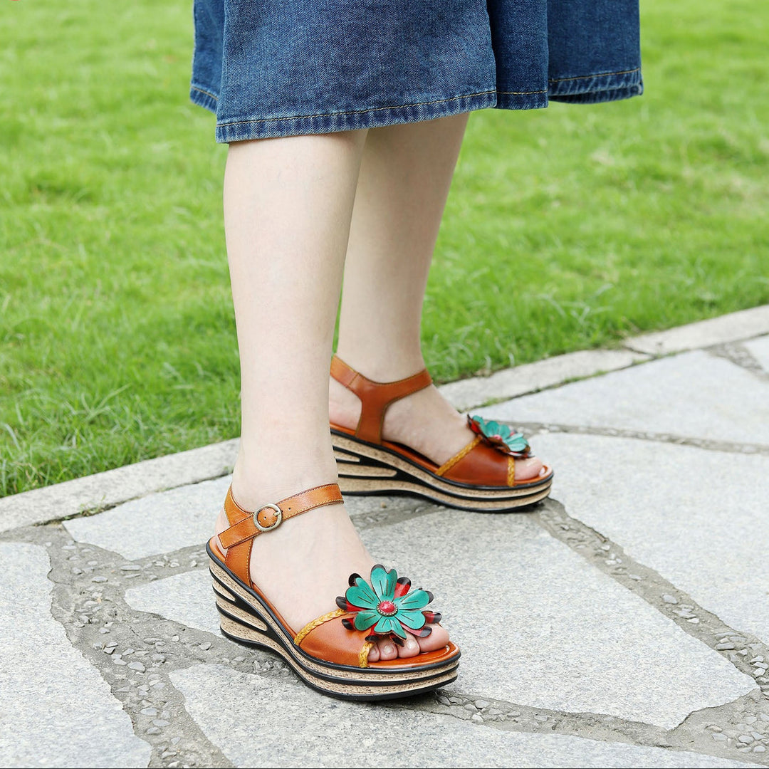 Printed Leather Handmade Floral Sandals