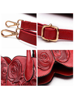Detachable strap and embossed rose details on red vegan leather tote