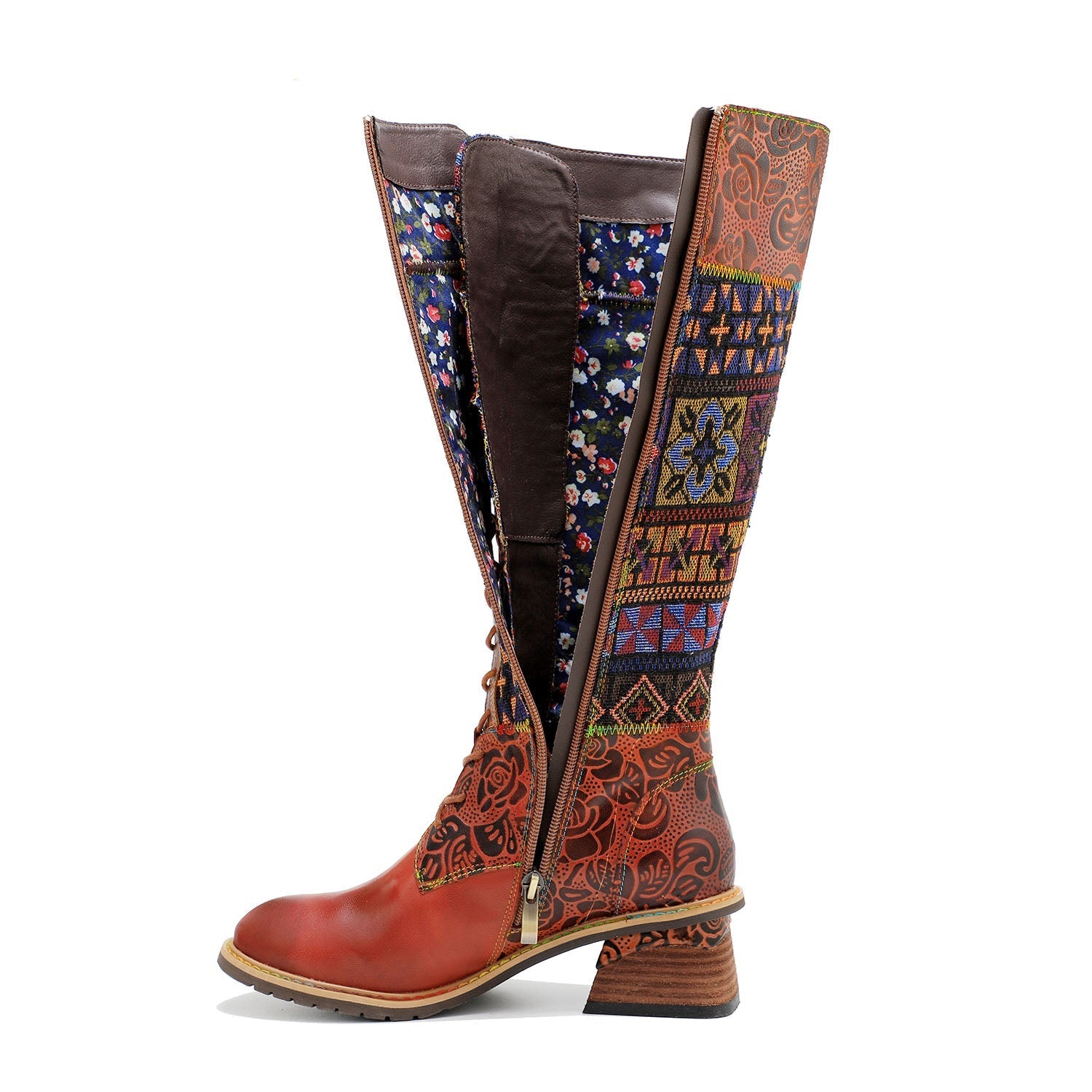 Vintage Bohemian Leather Splicing Pattern Boots