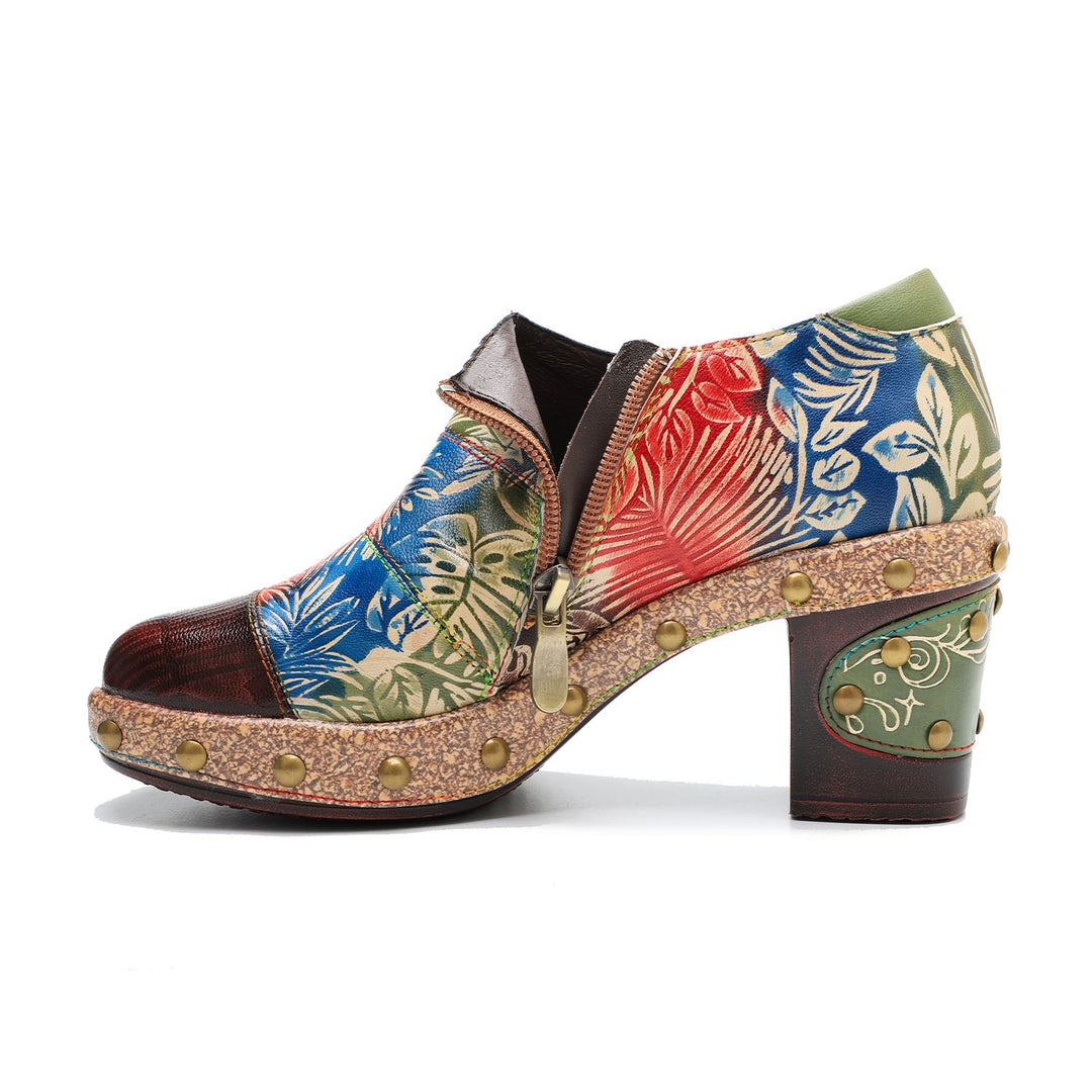 Retro Floral Handmade Rivet Comfort Block Heel Pumps