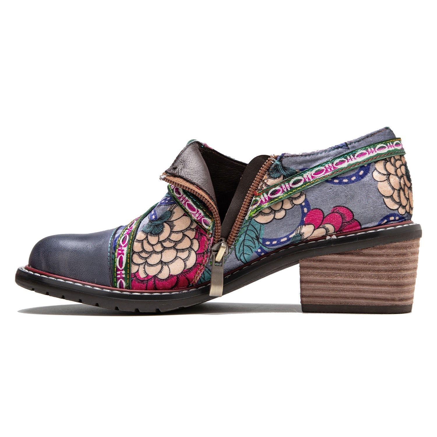 Hand Painted Leather&Velvet Panels Flat Boots