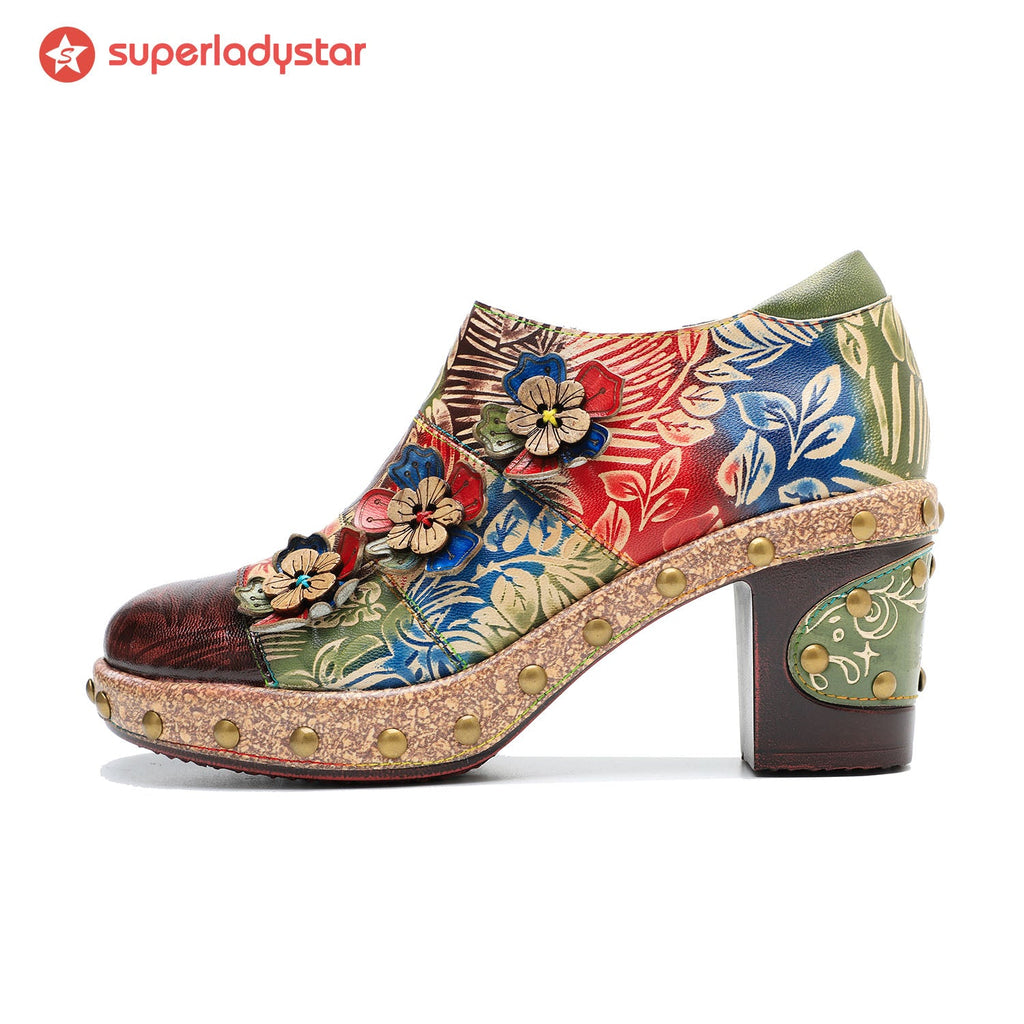 Retro Floral Handmade Rivet Comfort Block Heel Pumps