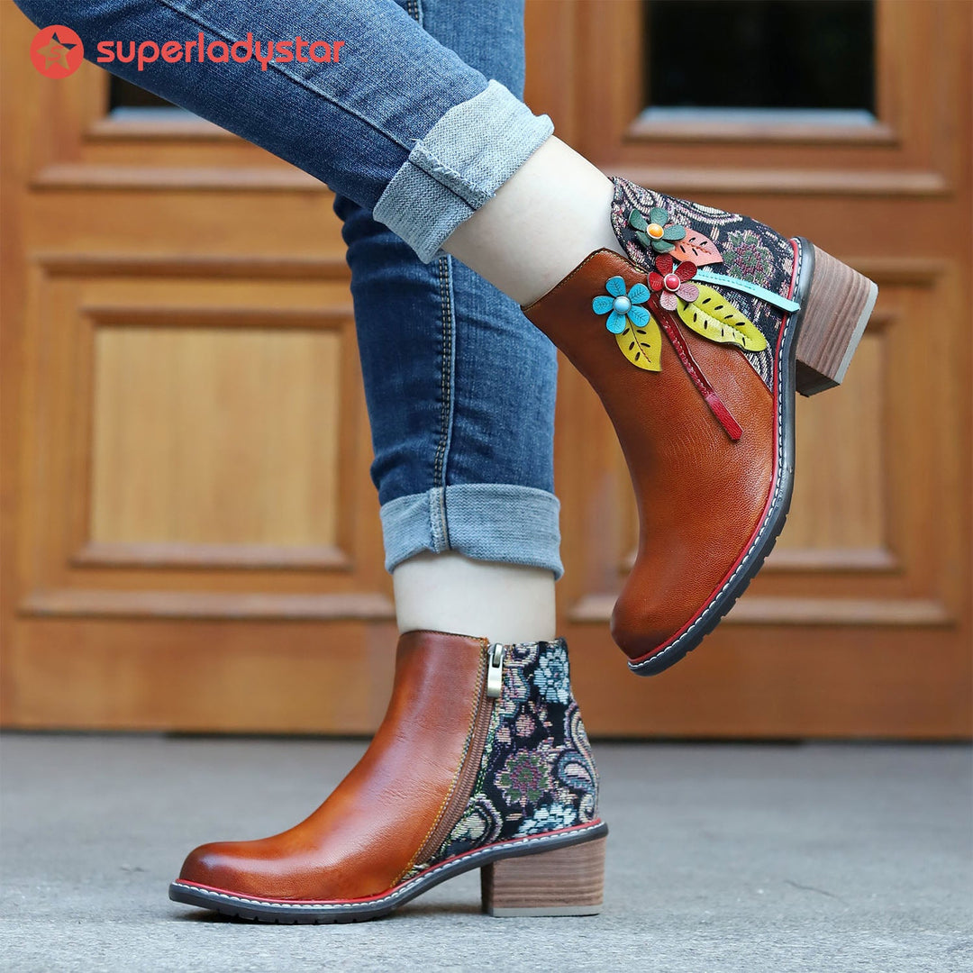 Vintage Handmade Leather Floral Ankle Boots
