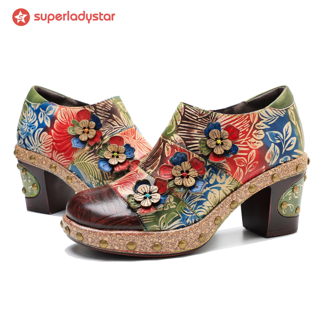 Retro Floral Handmade Rivet Comfort Block Heel Pumps