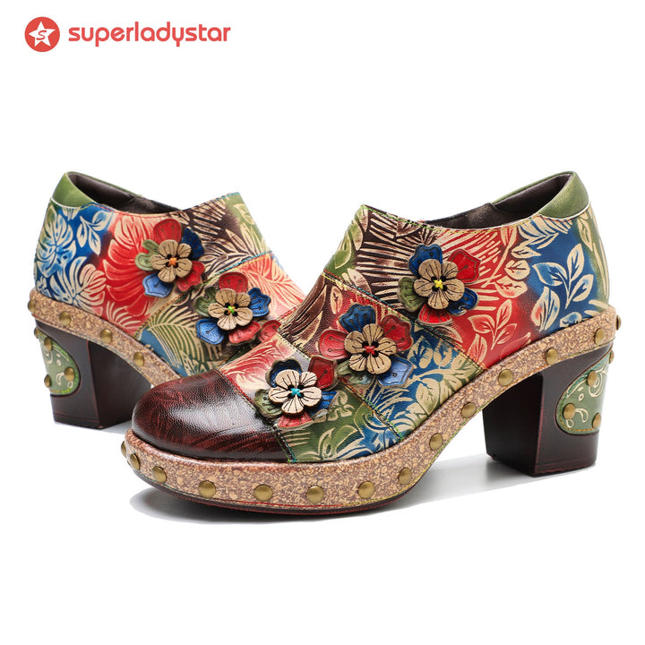 Retro Floral Handmade Rivet Comfort Block Heel Pumps