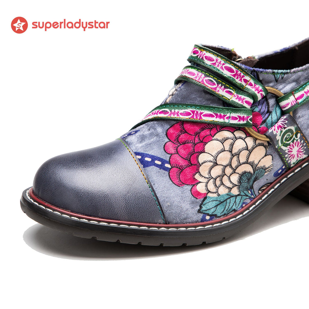 Hand Painted Leather&amp;Velvet Panels Flat Boots