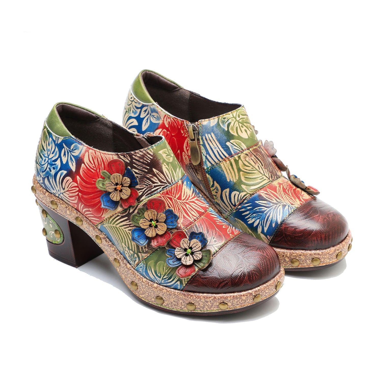 Retro Floral Handmade Rivet Comfort Block Heel Pumps
