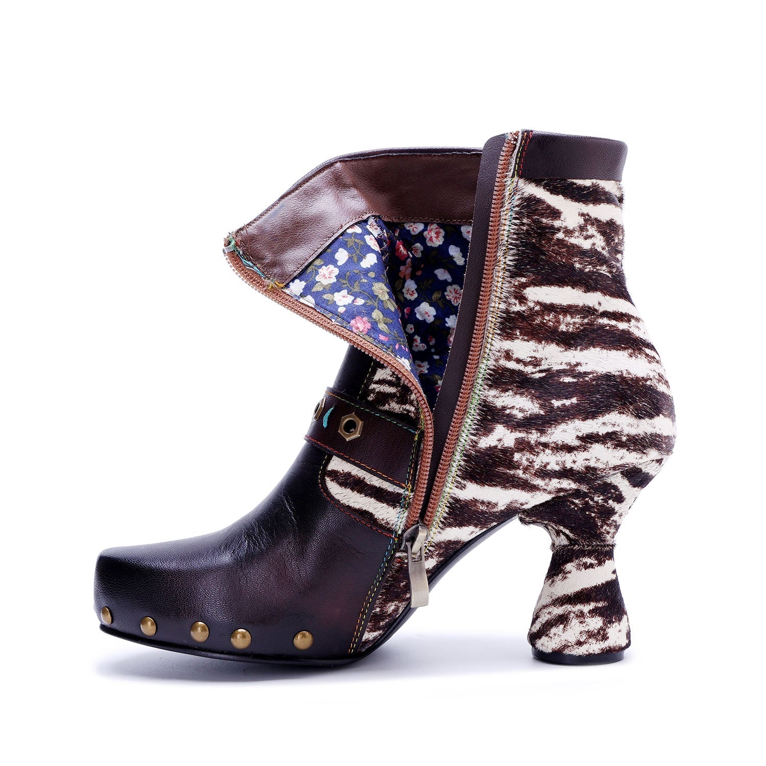 Retro Handmade Fur & leather patchwork Buckle Ankle Boots