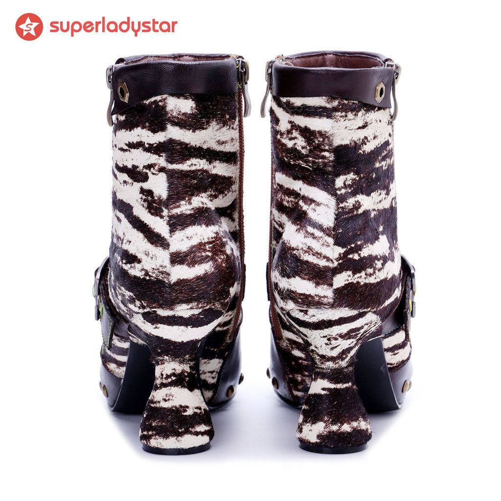 Retro Handmade Fur & leather patchwork Buckle Ankle Boots